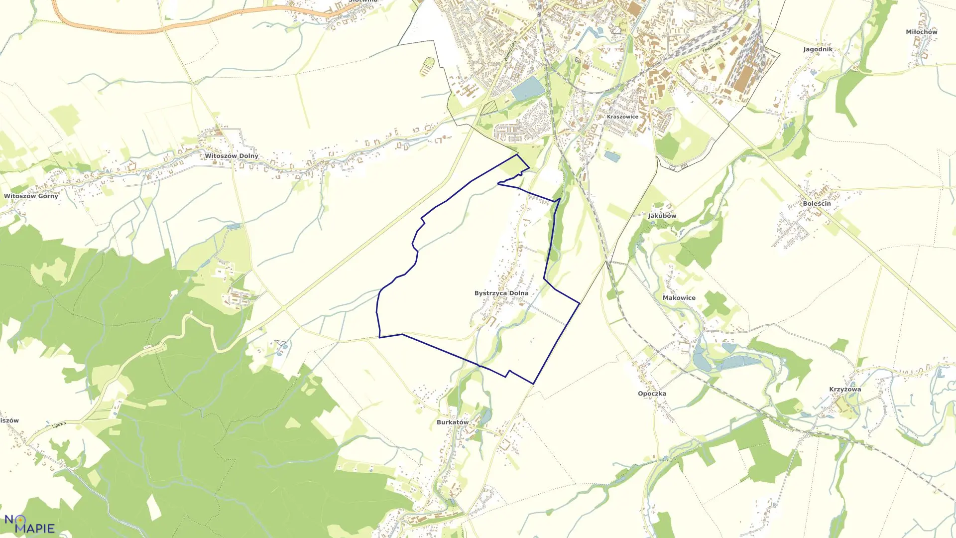 Mapa obrębu Bystrzyca Dolna w gminie Świdnica